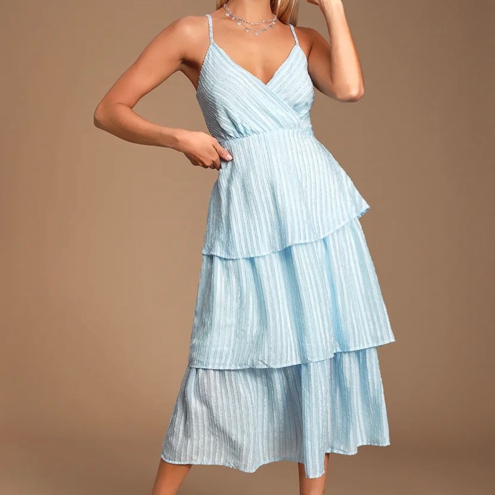 Blaine Light Blue Striped Tiered Midi Dress Lulus